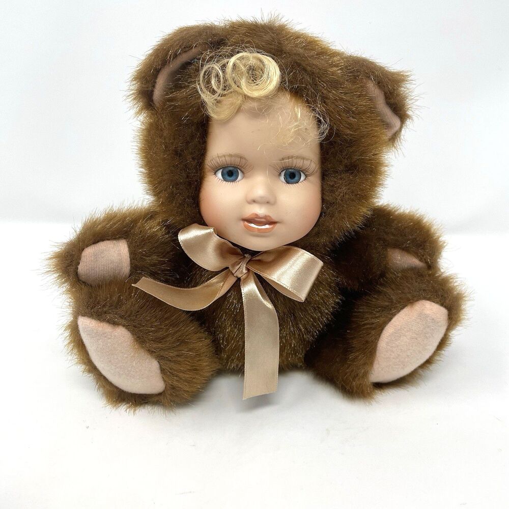 Vintage Crowne Fine Porcelain Doll Face Stuffed Teddy Bear Plush Artmark Chicago